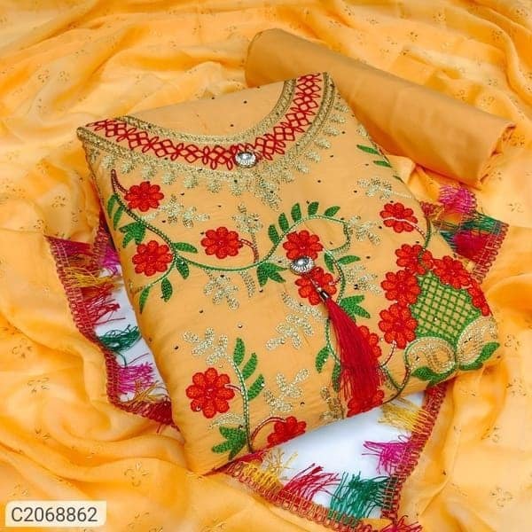 Semi Stitched Swiss Cotton Kashmiri Aari Embroidery Three Piece