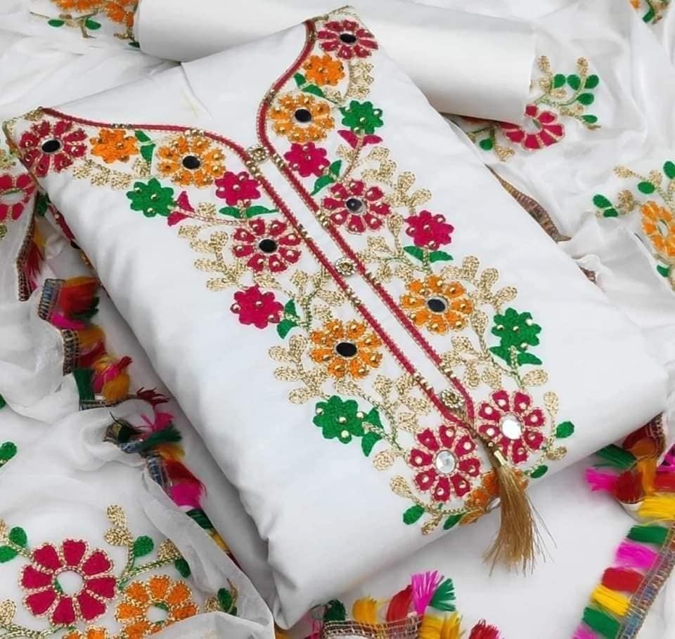 Semi Stitched Swiss Cotton Kashmiri Aari Embroidery Three Piece