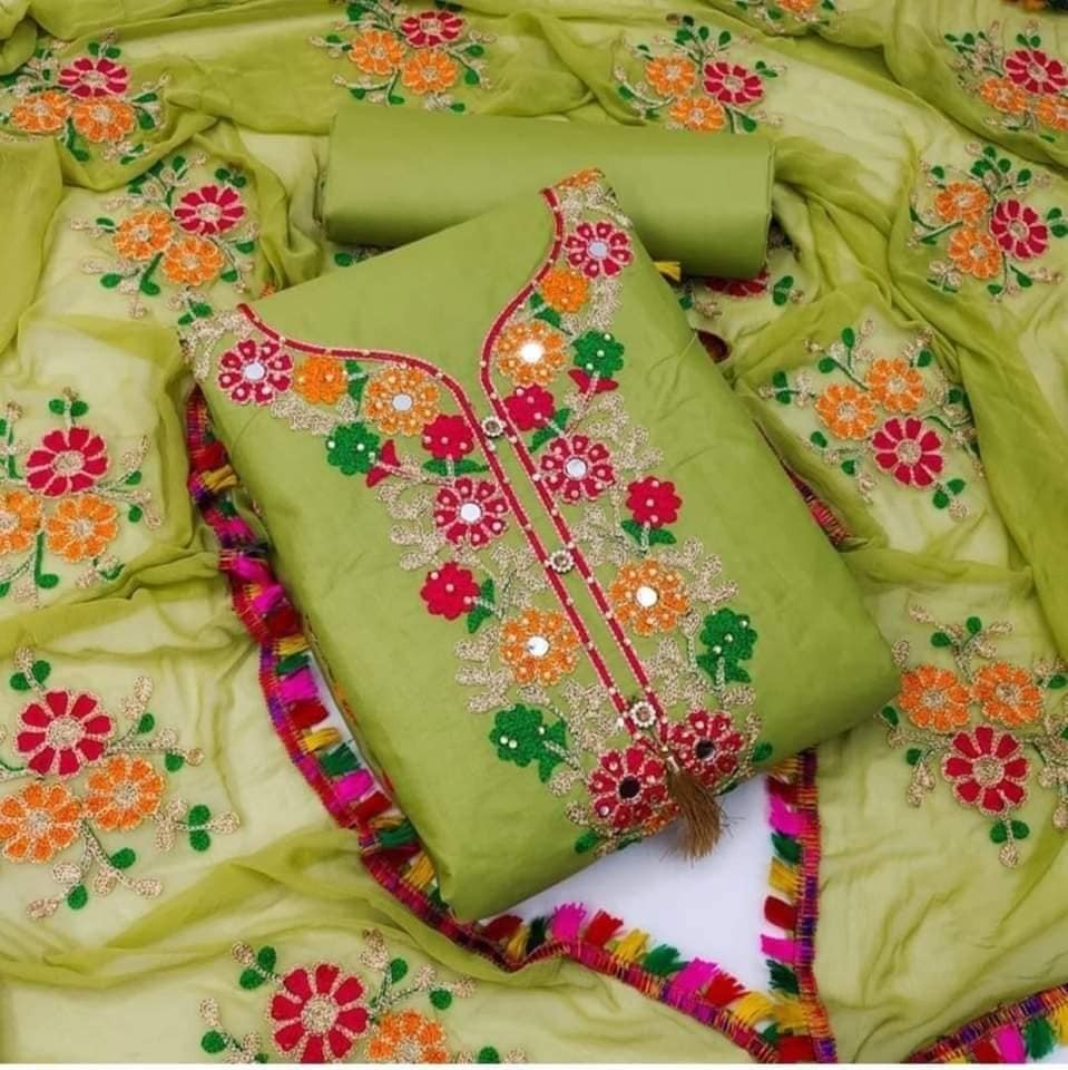 Semi Stitched Swiss Cotton Kashmiri Aari Embroidery Three Piece