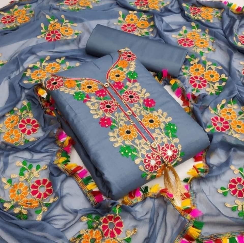 Semi Stitched Swiss Cotton Kashmiri Aari Embroidery Three Piece