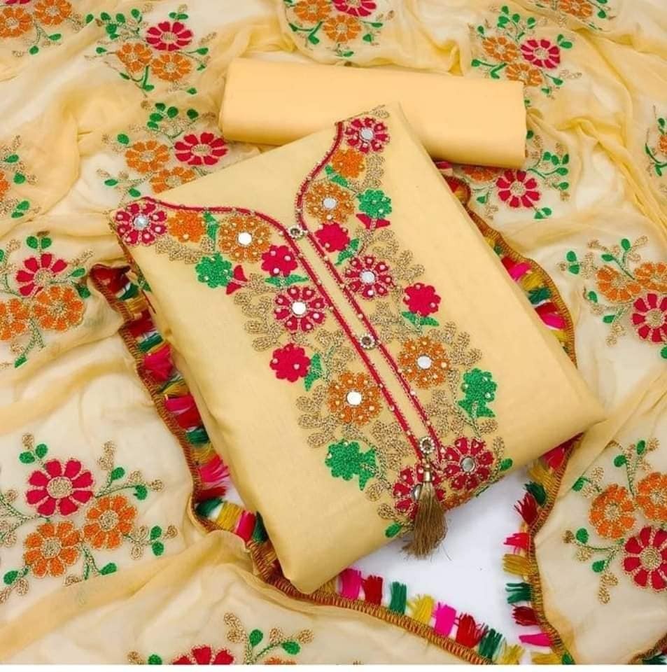 Semi Stitched Swiss Cotton Kashmiri Aari Embroidery Three Piece
