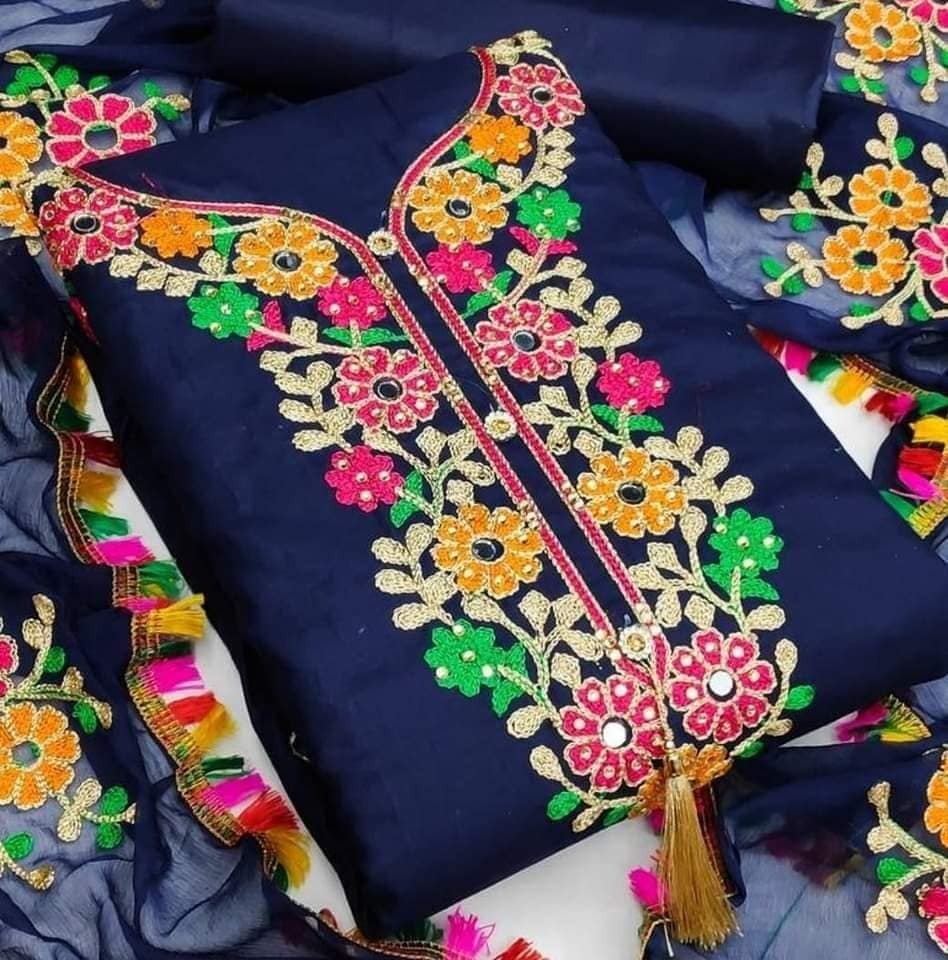 Semi Stitched Swiss Cotton Kashmiri Aari Embroidery Three Piece