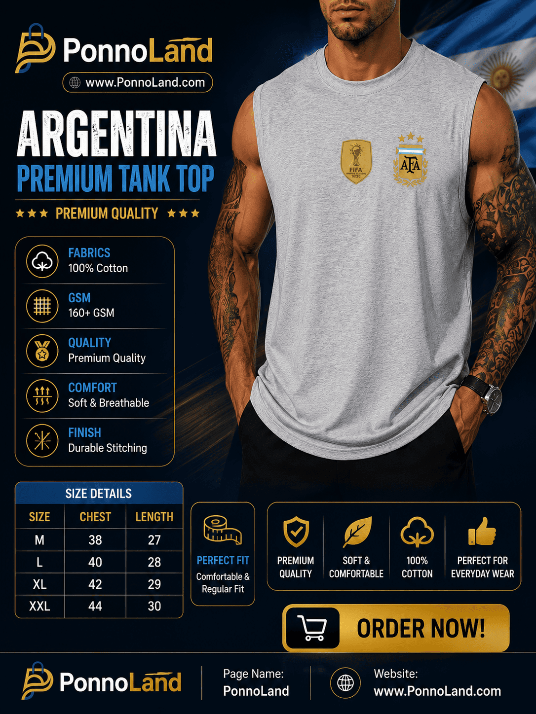 Argentina Premium Cotton 160+ GSM Tank Top for Men