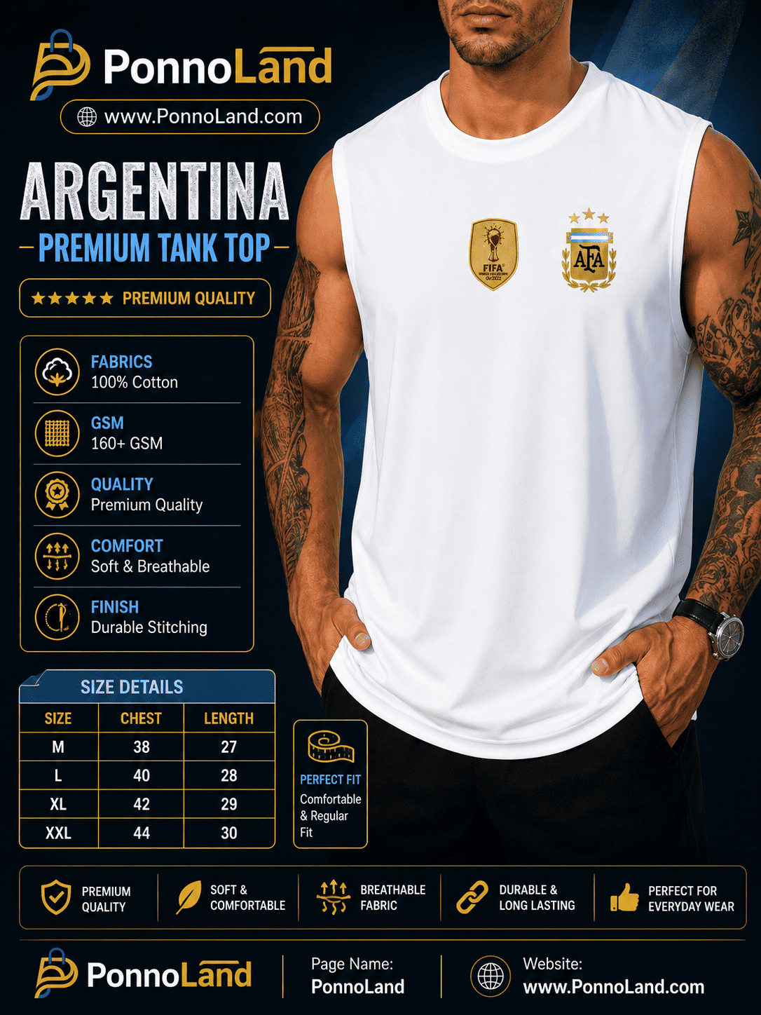 Argentina Premium Cotton 160+ GSM Tank Top for Men