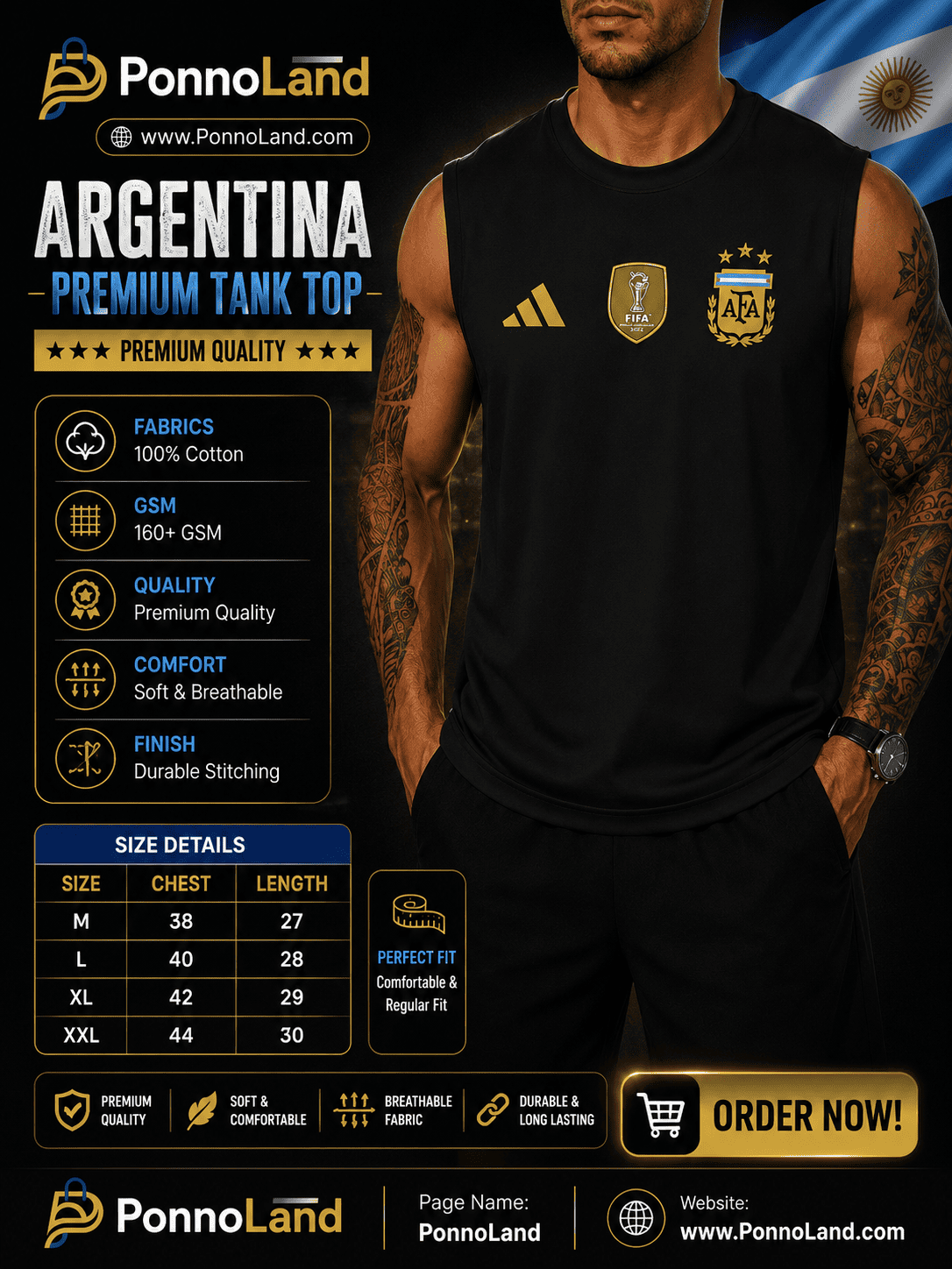 Argentina Premium Cotton 160+ GSM Tank Top for Men