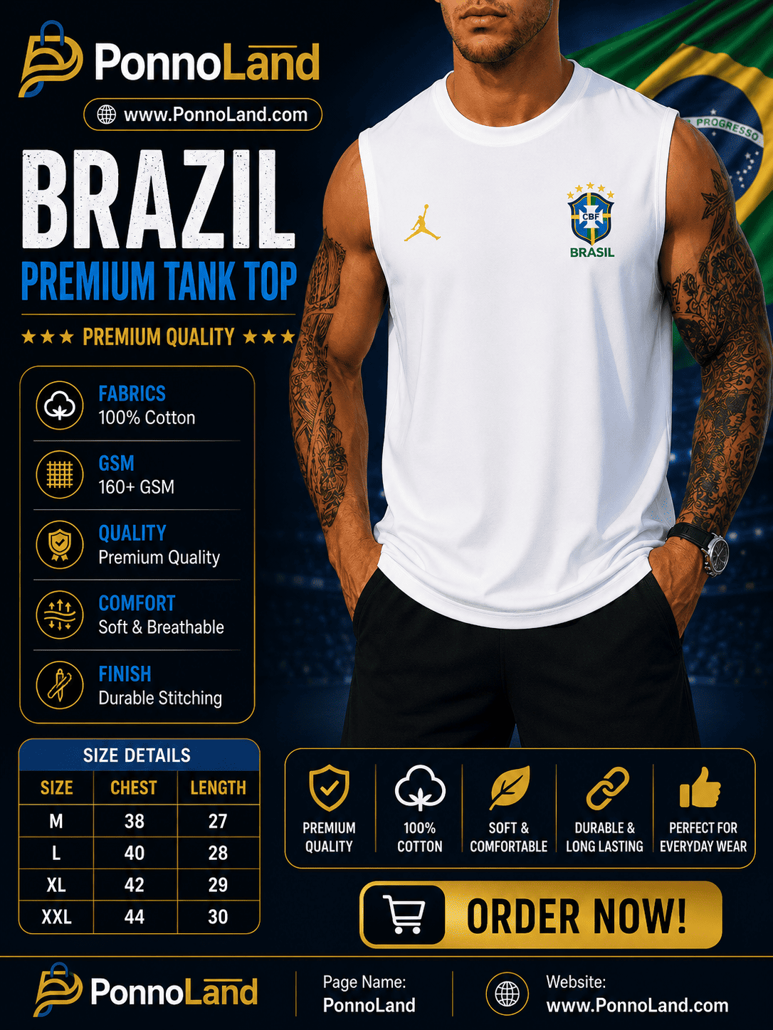 Brazil White Premium Cotton 160+ GSM Tank Top for Men