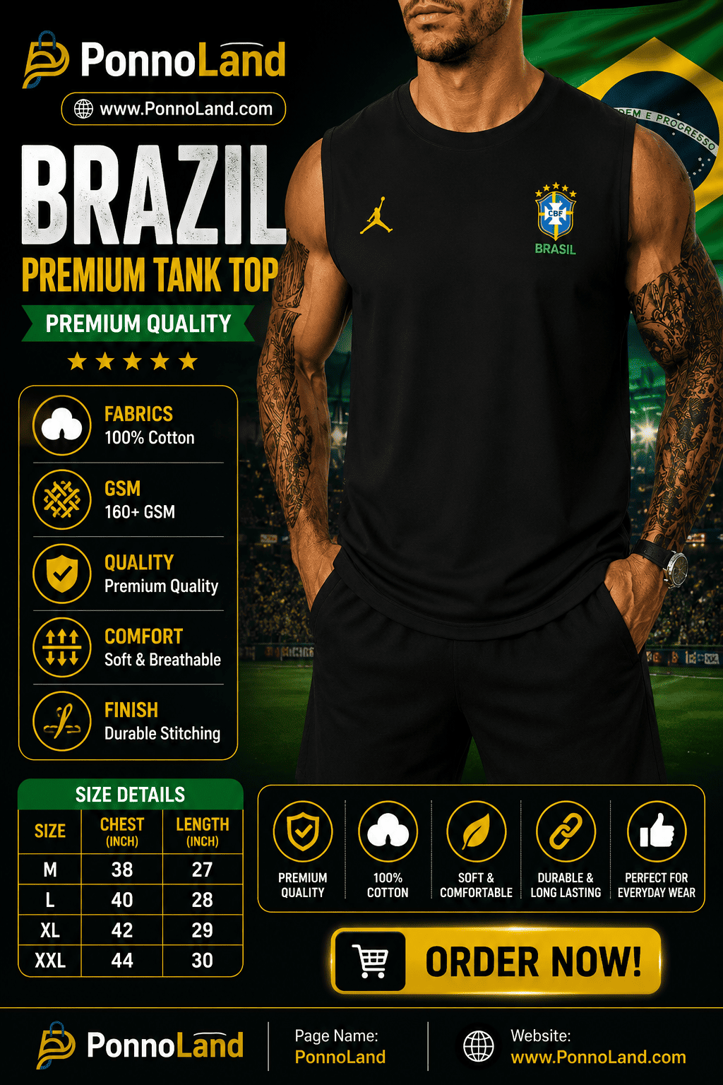 Brazil Black Premium Cotton 160+ GSM Tank Top for Men
