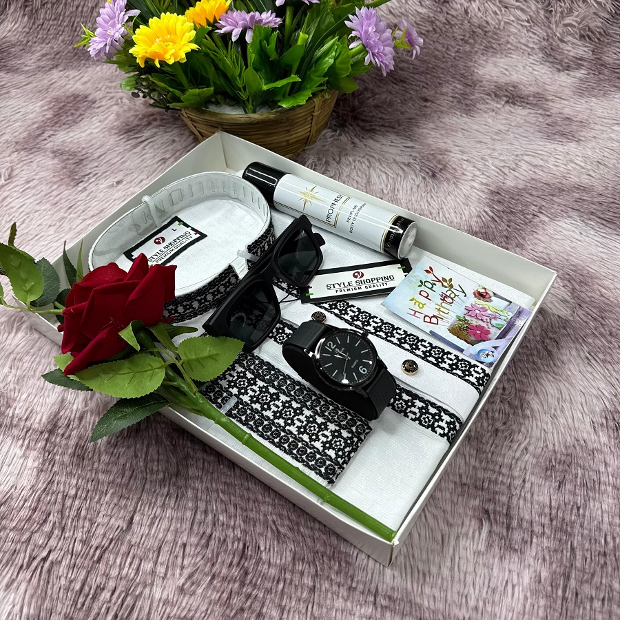 Premium Panjabi Combo Gift Box Set with Watch Perfume Flower