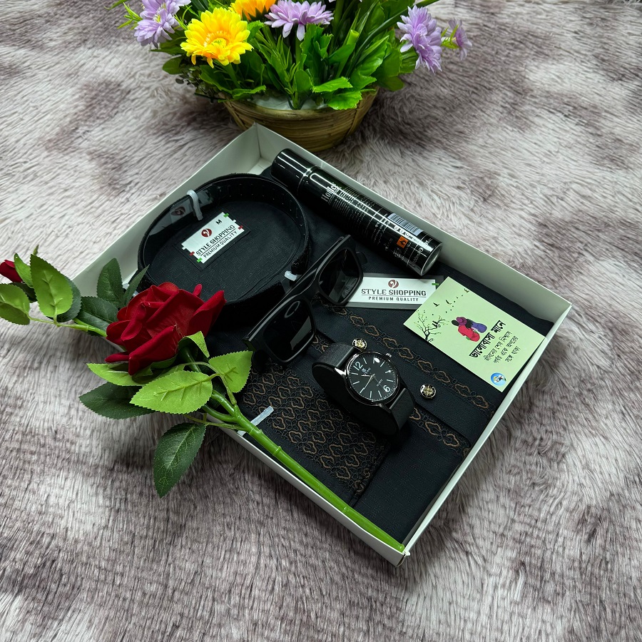 Premium Panjabi Combo Gift Box Set with Watch Perfume Flower