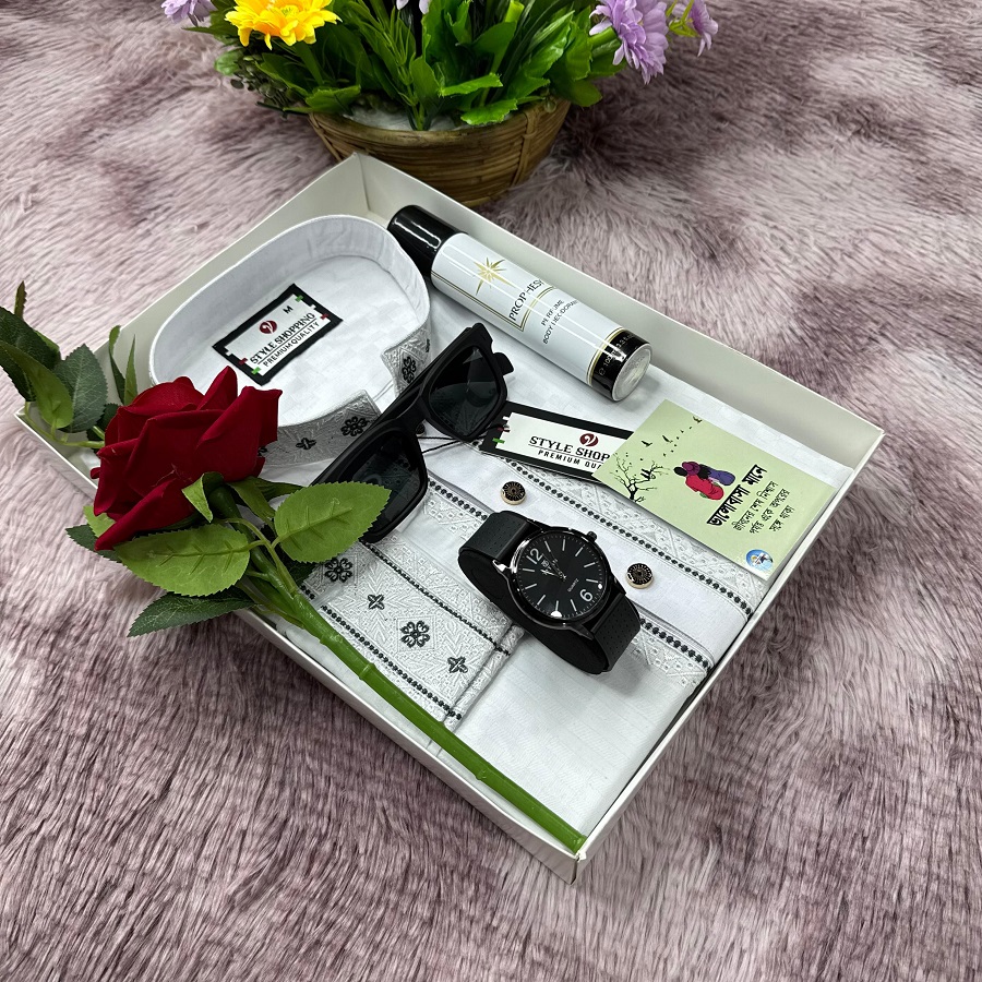 Premium Panjabi Combo Gift Box Set with Watch Perfume Flower