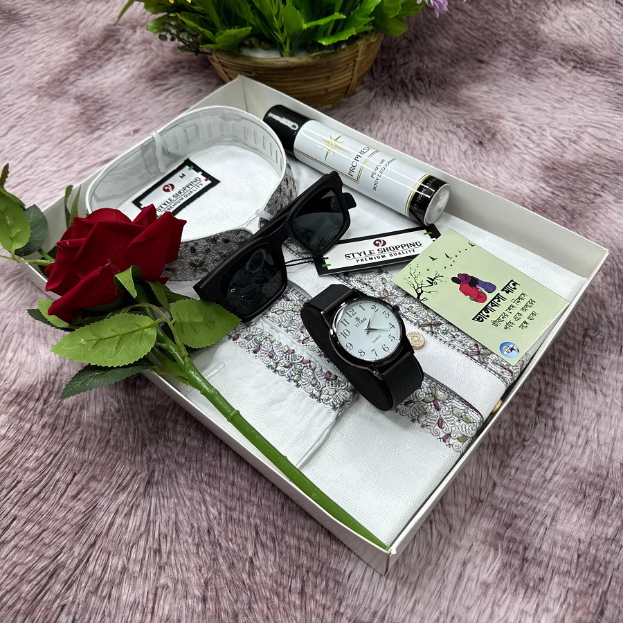 Premium Panjabi Combo Gift Box Set with Watch Perfume Flower
